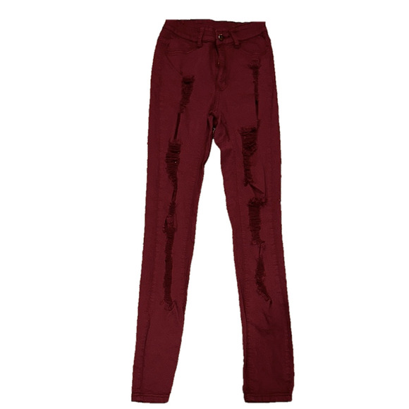 None Pants - BURGUNDY RIPPED HIGH WAIST U JEANS SKINNY JEANS